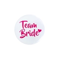 Weiß-pinker Team Bride Ansteckbutton aus Weißblech mit Herz für Junggesellinnenabscheid - Herz Team Braut / Weiß