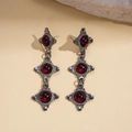 Vintage silver earrings with three-tier red resin stones in geometric round dangle style - Silver Earring Post - Red