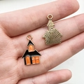 Halloween enamel house charm with orange pumpkin and gold engraved metal backing - Black and Orange Castle