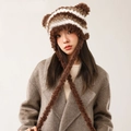 Winter brown and white striped plush beanie with bear ears and warm ear flaps - Cat Ear Hat Khaki White Brown