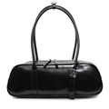 Glossy black baguette bag with adjustable thin straps and dual zipper design - Black