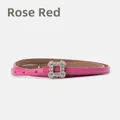 Elegant thin rose red leather belt for women featuring a sparkling rhinestone square buckle - Rose Red