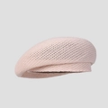 Side view detail of a breathable light pink knitted summer beret for women with a wide brim - M (56-58cm) / Pink
