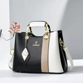 Three-tone color block tote bag with gold handles and adjustable shoulder strap for women - Black & White