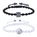 Adjustable woven couple bracelets with 12mm white turquoise and black magnetic squares - Set-1