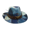 Retro patchwork denim cowboy hat with leather band and gold-tone bull head ornament - One Size / Royal Blue (Denim Gold Bull)