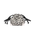 Detail of leopard print bucket bag with silver metal corners and drawstring closure - White