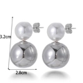 Polished silver stainless steel double sphere stud earrings measuring 3.2cm in height - Silver Glossy Double Ball Vertical Stud Earrings (ER-1113)