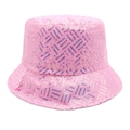 Detailed view of pink sequin texture and diagonal geometric patterns on a bucket hat - Deep Pink