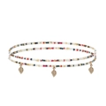 Detail of colorful beaded multi-layer waist chain featuring three golden leaf charms on white - #9 Golden Leaf Style