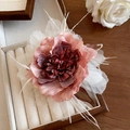 Detail of pink fabric rose hair clip with white feathers in a wooden jewelry box - Purple Flower Feather Duckbill Clip (131#)