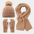 Detail of camel knit set showing cable knit pattern and touchscreen tips on gloves - Khaki