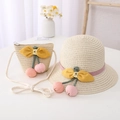 Kids cream straw sun hat and matching crossbody bag set with pink ribbons and yellow bows - Kids 54cm / Hat + Bag Set / Beige