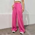 Pantalón rosa de pierna ancha para mujer con cintura alta ajustable y textura suave - S / Rosa Rojo