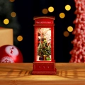 Red vintage Christmas telephone booth lantern with miniature tree and warm LED lighting - Christmas Tree Telephone Booth Style / Without Water