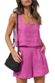 Ensemble en lin pour femme avec haut rose sans manches à col carré et short à taille haute - S / Rose rouge