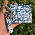 Blue butterfly PU leather card holder with tassel keychain and metallic ox head charm - Blue Butterfly