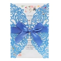 Elegant blue glitter laser-cut rose wedding invitations with ribbon bow and inner card - Glitter Royal Blue