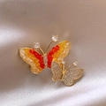 Golden butterfly brooch set with yellow and red crushed stones on silk background - 455# Butterfly