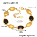 Gold stainless steel anklet with black oval Czech opal stones and adjustable chain clasp - Gold Black Opal Style (S021) / 17+5cm