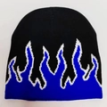 Black knitted beanie with blue and white flame jacquard pattern for winter style - Blue Flame
