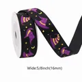 Halloween grosgrain lint 16mm met paarse toenaarshoeden en sterren op zwart - 5-Zwarte Toverstaf Hoed / 100 Yards/Rol