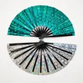 Foldable holographic laser fans in cyan and silver with black bamboo ribs for festivals - Green Holographic Laser C31