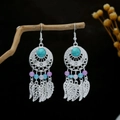 Bohemian silver drop earrings with turquoise stones and colorful beads with leaf charms - Multicolor(E2966-1)