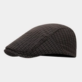 Detail of classic dark brown plaid flat cap showing fine texture and stitching - Adjustable / Coffee