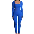 Slim fit square neck ribbed knit jumpsuit for women in cobalt blue with thumbholes - S / Top And Bottom / Long Sleeve / Blue