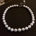 Irregular pearl and silver hollow bead necklace with adjustable clasp on dark surface - 22# Silver Pearl Hollow Ball Necklace