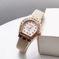 Detail view of a luxury horseshoe quartz watch with crystal bezel and beige leather strap - Light Yellow