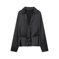 Elegant black satin long sleeve shirt with deep V-neck and gold buckle waist belt detail - XS / Black
