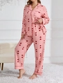 Detail view of pink pajamas set with red heart pattern and contrasting trim on cuffs - XL / Pink with Red Hearts