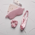 Pink faux silk sleep set including eye mask, cross headband and hair scrunchie - Taro Purple