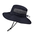 Dark blue wide brim sun hat with mesh vents and adjustable chin strap for outdoors - Black