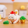 Cute cartoon fortune cat figurine in white and red with green pine tree ornament - -263 Pine Tree Wealth