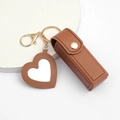 Brown PU leather heart mirror keychain with lipstick pouch and golden metal clasp - Coffee