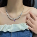 Double-layered pearl necklace with silver chain and a square purple gemstone pendant - Fashion Layered Artificial Pearl Purple Square Gem Necklace (X1889)