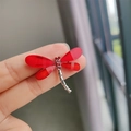 Elegant dragonfly brooch with red translucent wings and silver metal body with crystals - Red Dragonfly (XZ0308)