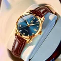 Men's business quartz watch with blue dial, gold case and brown leather strap - Blue Dial Brown Leather Women