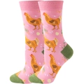 Close-up of pink socks with orange chicken pattern, green heel and toe details - Pink Hen