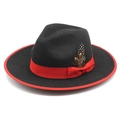 Klassischer schwarzer und roter Wollfilzhut mit eleganter Feder- und Bandverzierung - M(56-58cm) / Schwarz