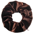 Detail of brown velvet scrunchie with soft texture and glossy finish on white background - Dark Coffee