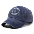 Dark blue washed denim baseball cap with vintage white sports embroidery detail - Adjustable / Navy Blue