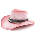 Chapeau de cowboy tissé rose avec ruban de perles turquoise vue sous un angle de 45 degrés - Blanc Rose Pulvérisation
