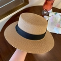 Cappello di paglia a cima piatta marrone chiaro con nastro decorativo nero largo - Top Piatto Cachi (D-380)