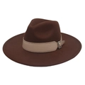 Detail view of the wide brim fedora with a beige leather strap and silver buckle - Dark Coffee