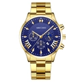 Fashion men's quartz watch with gold steel strap and blue dial featuring three sub-dials - Blue Dial Gold Hands Gold Strap (Curved Lug)