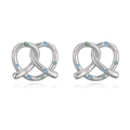 Detailed view of silver pretzel earrings with multi-colored crystals on white background - Pretzel Stud Earrings / Silver/Rainbow Zirconia